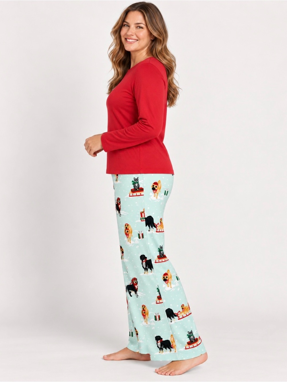 LandsEnd Women's Plus Size Cotton Knit Pajama Set Long Sleeve T-Shirt and Pants - Picture 2 of 5